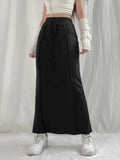 Casual Loose Black Drawstring High Waist Long Skirt Solid Elastic Harajuku Autumn Women's Skirts Preppy Bottom