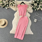 New Sleeveless Nails Clad High-Waist Temperament Famous Half-Dress Knitted Set Two