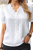 Summer Hollow Out Short Sleeve Tops Office V-neck Blouse Women Lace Mujer Loose Ladies Simple Casual Shirts Elegant