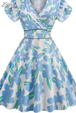 60s 50s Big Swing Summer Dress Women Causal Robe Midi Pin-Up Tunic Sundress Short Sleeve V Neck Party