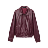 New Vintage Simple Collar Zipper Wine Red Leather Coat