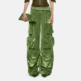 Zingj 2024 New Fashion Design Sense Splicing Pocket Decorative Design Sense High Waist Velvet Pants Straight Tube Cargo