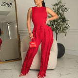 Sleeve Bodysuit and Pants Fringe Tassel Trousers Two Piece Set Tracksuit Fall Women Clothing Sexy Skinny