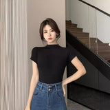 Zingj Desire Wind Half High Turtleneck Short-Sleeved T-Shirt Female 2024 Summer Slim Show Thin Bottom Shirt With Student Jacket Ins