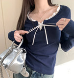 Lace Trim Front Tie Long Sleeve Tee-Outfit