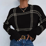 Autumn And Winter New Lattice Color Collar Sweater Women Casual Long-Sleeved Round Collar Collar Knitted