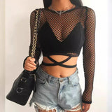 Wind Grid Stitched Cross-Tieed Air-Screen Sunscreen Shirt Sexy Perspective Shorts Umbilly T-Shirt