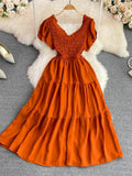 Women Vintage Draped Midi Dress Elegant Purple/Yellow/Red V-Neck Short Sleeve High Waist A-Line Big Swing Vestidos
