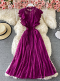 Purple/Green/Red Lace Midi Dress Women Sweet Round Neck Ruffle Vestidos Female High Waist Slim Robe Spring Autumn