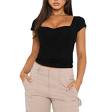 Summer New French Retro Wide Shoulder Banded Chest Folds Short-Sleeved Women Wear Ins Tide