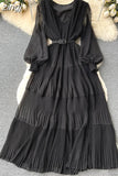 Women Draped Long Dress Vintage V-Neck Lantern Sleeve High Waist A-Line Pleated Maxi Vestidos Purple/Red/Blue Robe