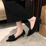Heel Temperament Single-Shoe Women's Shoes Spring New Velvet Face Sweet Pointed Bow Bow Low Heel Shallow Women's