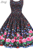 Summer Vintage Dress Women Spaghetti Strap Floral Print High Waist Elegant Sleeveless A-Line Party Midi Dress Robe