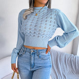 And Winter Street Wind Solid Color Hollow Striped Lantern Sleeve Open Umbilly Knitted Sweater Women's