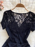 Women Lace Bodysuits Black Elegant V-Neck Short Sleeve High Waist Bodycon Romper Female Summer Patchwork Jumpsuits 2023