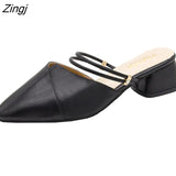 Party Women Mules Slipper Pointed Toe Block Strap Closed Shallow High Heels Shoes Sandals Black Beige Square heel
