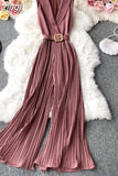 Notched Collar Draped Rompers For Women Casual Sleeveless High Waist Wide Leg Playsuits Female Beige/Green Jumpsuit