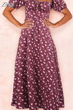 Women Floral Print Long Dress Summer Chic Short Sleeve Square Collar Split A Line Party Sundress Ladies Holiday Beach