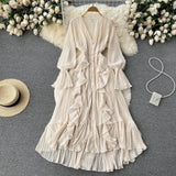 Zingj Sexy Solid Color V-Neck Pleated Flounce Flared Sleeve To The