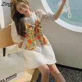 Women Dress Sets Colorful Bowknot Japanese Strap Summer All Match Empire O-neck Print Holiday Feminino Casual Leisure