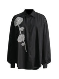 Spring New Fashion Temperament Stand Collar Heavy Industry Water Diamond Flowers Inlaid Loose Show Thin Women's Long Sleeve