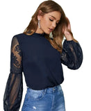 New 褶領透视 Tulle Lace Lantern Sleeve Temperament