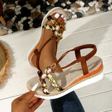 And Summer New Round Head Flat Bottom Heel Sandals Women Weaving Beads Toe Bohemian Thick-Soled Beach