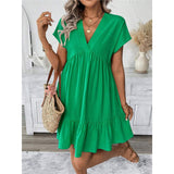 Women's Dress 2025 Summer Holiday Windy Windy Leaves Edge V Collar Solid Loose Short
