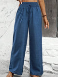 Hot Women's Solid Color Folded Waist Loose Broad-Legged Straight
