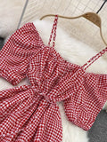 Vintage Women Spaghetti Strap Plaid Dress Female Elegant Short Puff Sleeve High Waist A-Line Casual Vestidos New