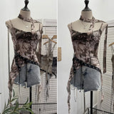 Girls Newspaper Tie-Dye Printing Net Waste Vest Irregular Rope Ribbon