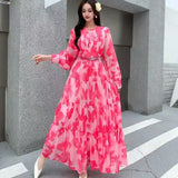 Temperament Dress Women 2025 Summer New High-End Feeling Waist Round Lantern Sleeve Print