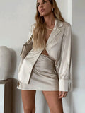 Women 2pcs Set Vintage Satin Long Sleeve Blouse Single Hook T-shirt A-line Shape Mini Skirt Elegant Lady Matching