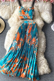Vacation Beach 2pcs Set Women Floral Printed Short Strapless Tops And High Waist Pleated Long Skirt Suit Spring