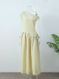 Solid Irregular Pleated A-line Maxi Dress Women Elegant Diagonal Collar Short Sleeve Robe 2024 Summer Lady Chic