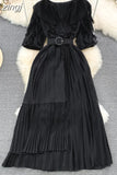 Vintage Women Irregular Pleated Dress Elegant V-Neck Ruffle Short Puff Sleeve High Waist Draped Midi Robe With Belt