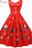 Winter Women Christmas Dress Sexy Spaghetti Strap Vintage Midi Party Vestidos Robe Femme Santa Snowflake Print Xmas