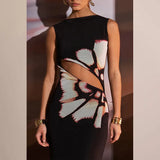Zingj Summer New Fashion Retro Print Sleeveless Cuffed Hollow Sexy Slim Color