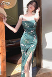 Women Slash Neck Sexy Strapless Retro Green Printing Elegant Temperament Fitting Suspender Slit Bodycon Long Midi Dress