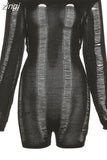 Sexy Hollow Rip Romper Women Full Sleeve Backless Skinny Body-Shaping One Piece Overalls Female Party Clubwear