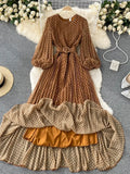 Women White/Black/Brown Polka Dot Long Dress Vintage Round Neck Puff Sleeve Elegant A-Line Maxi Vestidos Female 2023
