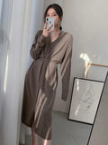 Sweater Knitted Dress for Women Brief V-neck Warm Drawstring Lace-up Loose Midi Female Maxi Dress Autumn Winter