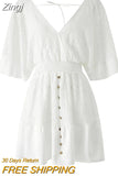 Women Deep V-Neck Boho Dress Bat Flared Sleeves Lace Button Cake Dress Casual Ruffle Flowy Mini Beach Dress 2023