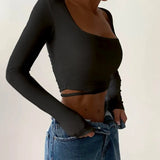Zingj Summer New Trend Sexy Sweet And Hot Wind French Square Collar Navel Design Sense Long-Sleeved Top