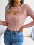 Elegant Women Front Cutout Hollow Out Knitted Pullovers Tops Fashion Long Sleeve Ruched Round Neck Slim Fit