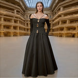 Temperament Famous Wind Style Long Dress 2025 New Bosom One-Word Shoulder Design Long-Sleeved Pin Waist Dress