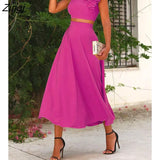 Summer Casual Ruffles Sleeveless Backless Corset Crop Tank Top & A Line Maxi Skirt Set Women's Two Piece Dress Holiday
