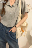 Women Summer Short-sleeve Turn-down-collar Solid Short Womens Tops Blouses Korean Style Loose All-match Slim Trendy