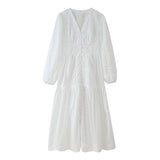 Women's Summer - The New Fashion Temperament V-Neck Splicing Lace Hollow Design Feeling Long-Sleeved Waist