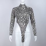 Zebra Striped High Collar Bodysuits 2023 Women Long Sleeve Slim Leotard Tops Streetwear Party Club Female
